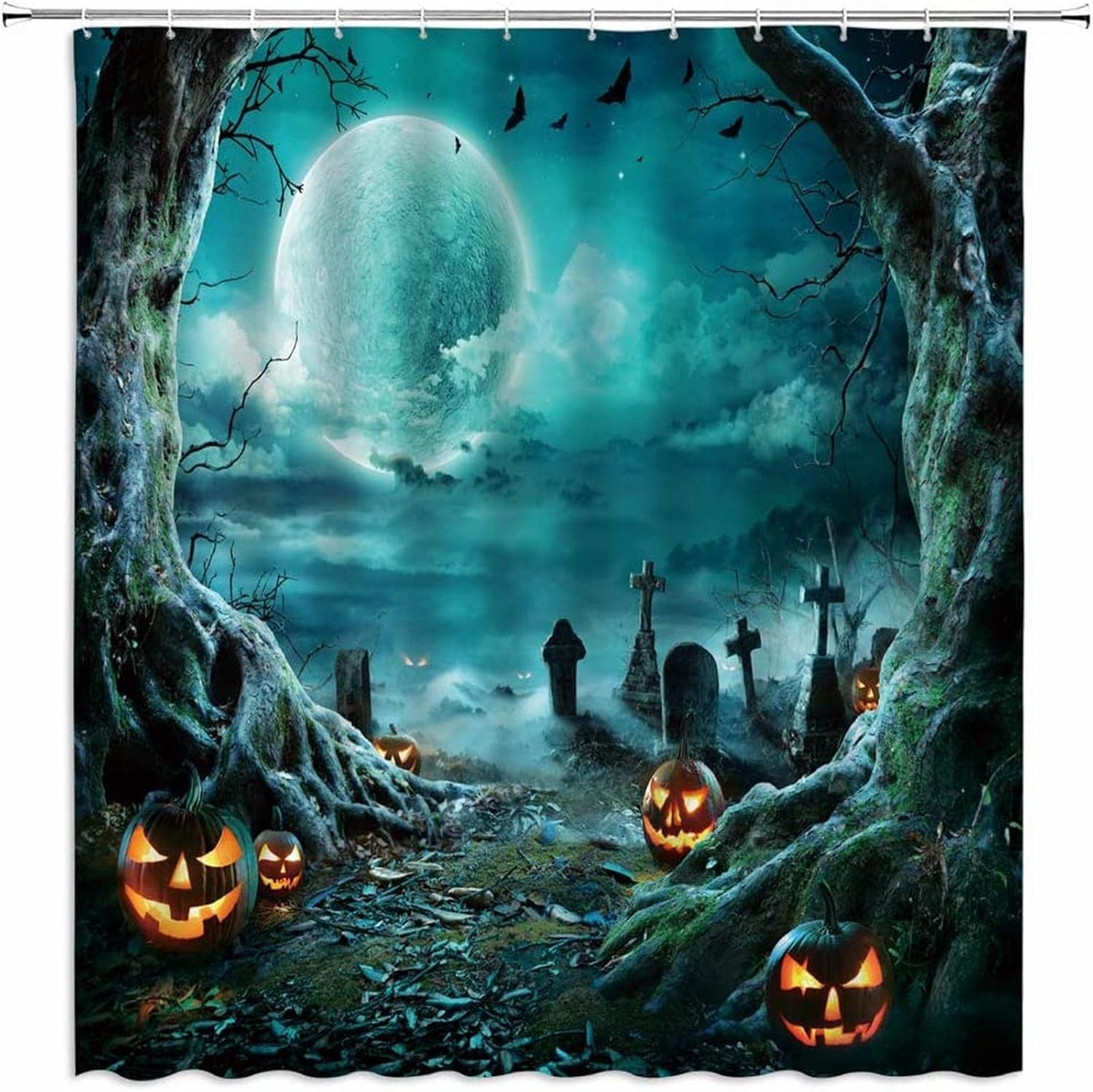 AMFD Spooky Halloween Shower Curtain Horror Tombstones and Skull Hand on Creepy Cemetery at Night Full Moon Crow Dead Tree Foggy Fabric Bathroom Decor Set Include Hooks,（74.8" Wx70 H）