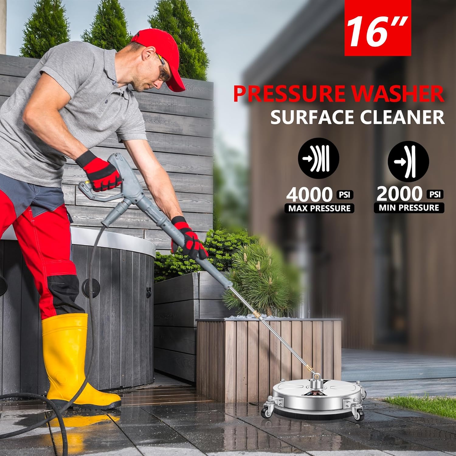 16" Pressure Washer Surface Cleaner Pro with 4 Wheels, Stainless Steel 2 Extension Wands, Power Washer Surface Cleaner Hot Water Supported for Patio Decker Concrete Driveway, 3000 PSI