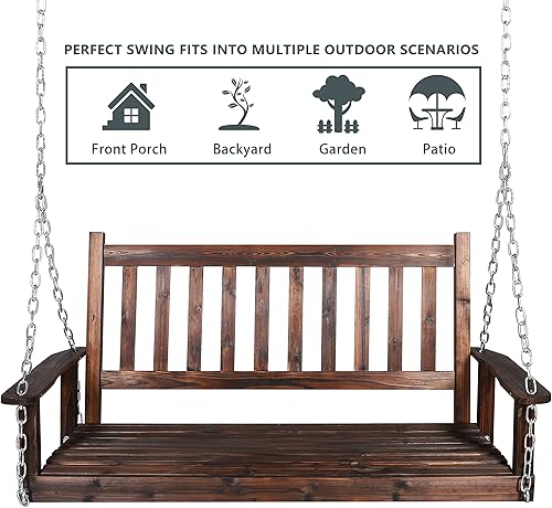 Miniatura 8 de MUPATER Columpio de madera colgante para patio al aire libre de 4 pies con cadenas, banco de columpio resistente para 2 personas para jardín y