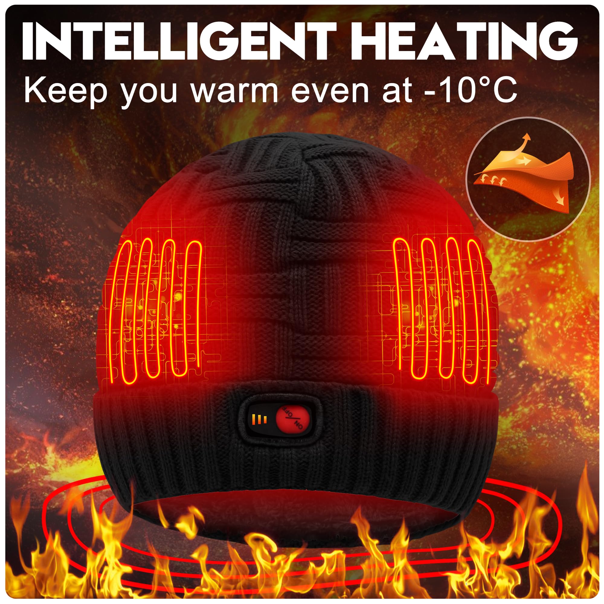 Svpro Gorro calentado con batería recargable de 7,4 V, batería de polímero de litio que dura hasta 3-7 horas, gorro eléctrico calentable para mujeres y hombres, gorro calefactor, Negro-Z, L
