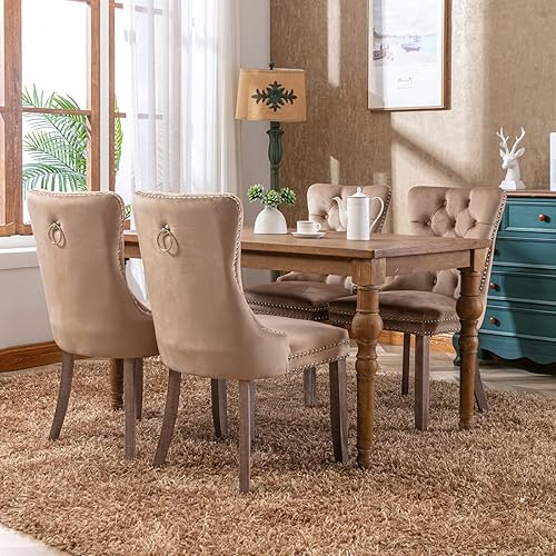 Miniatura 4 de Juego de 6 sillas de comedor modernas, sillas de comedor tapizadas con patas de madera maciza, silla decorativa de terciopelo camello, Sillas de 02-