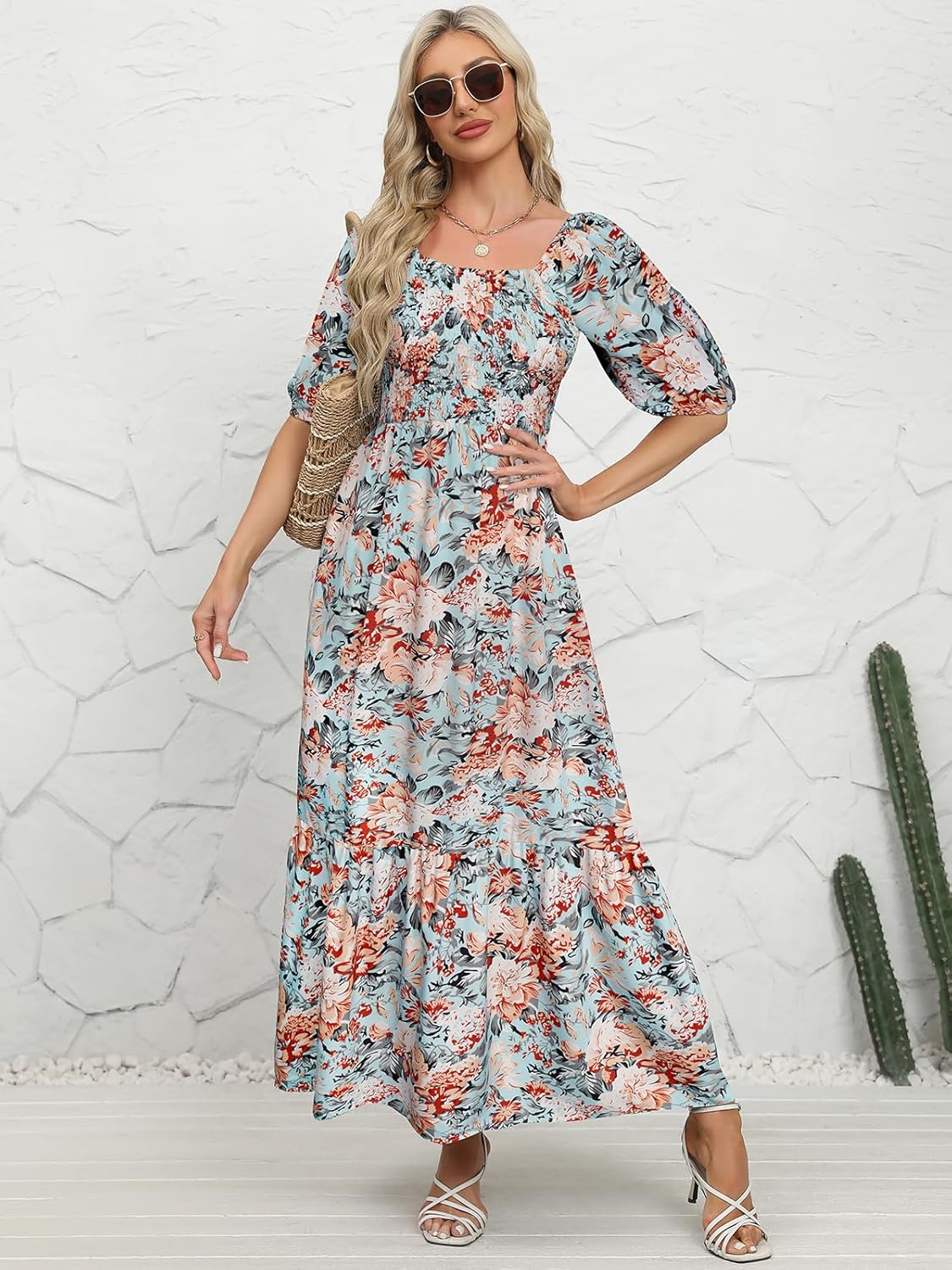Lyrur Summer Boho Smocked Maxi Dresses for Women 2026 Casual Puff Sleeve Square Neck A Line Tiered Ruffle Ankle Length Dress - Image 2