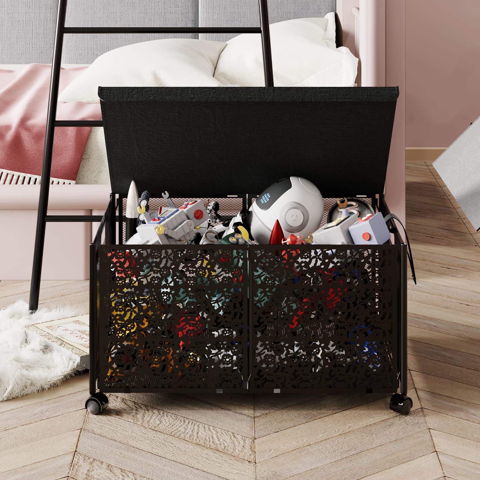 Caja de Almacenamiento de Juguetes Grande con Tapa, Organizador de Juguetes Plegable de Metal con Ruedas para Niños y Niñas, Ropa, Libros, Guardería, Felpa (#4)