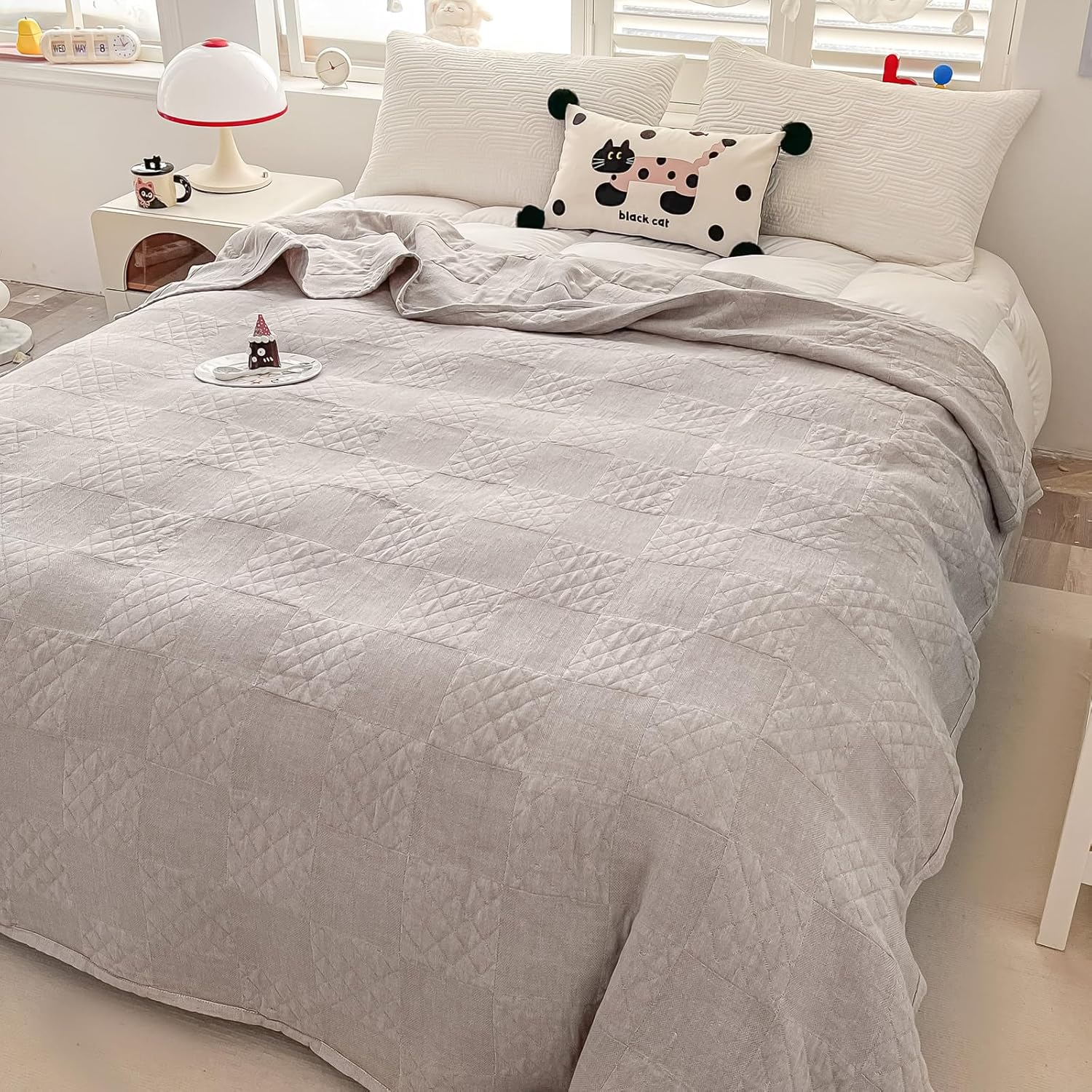 YTYC 78x90 Inches King Size 100 Pecent Cotton Blanket for Bed Sofa Super Soft Breathable Lightweight Throw Blanket for All-Season Square Decoration(Grey,1piece)