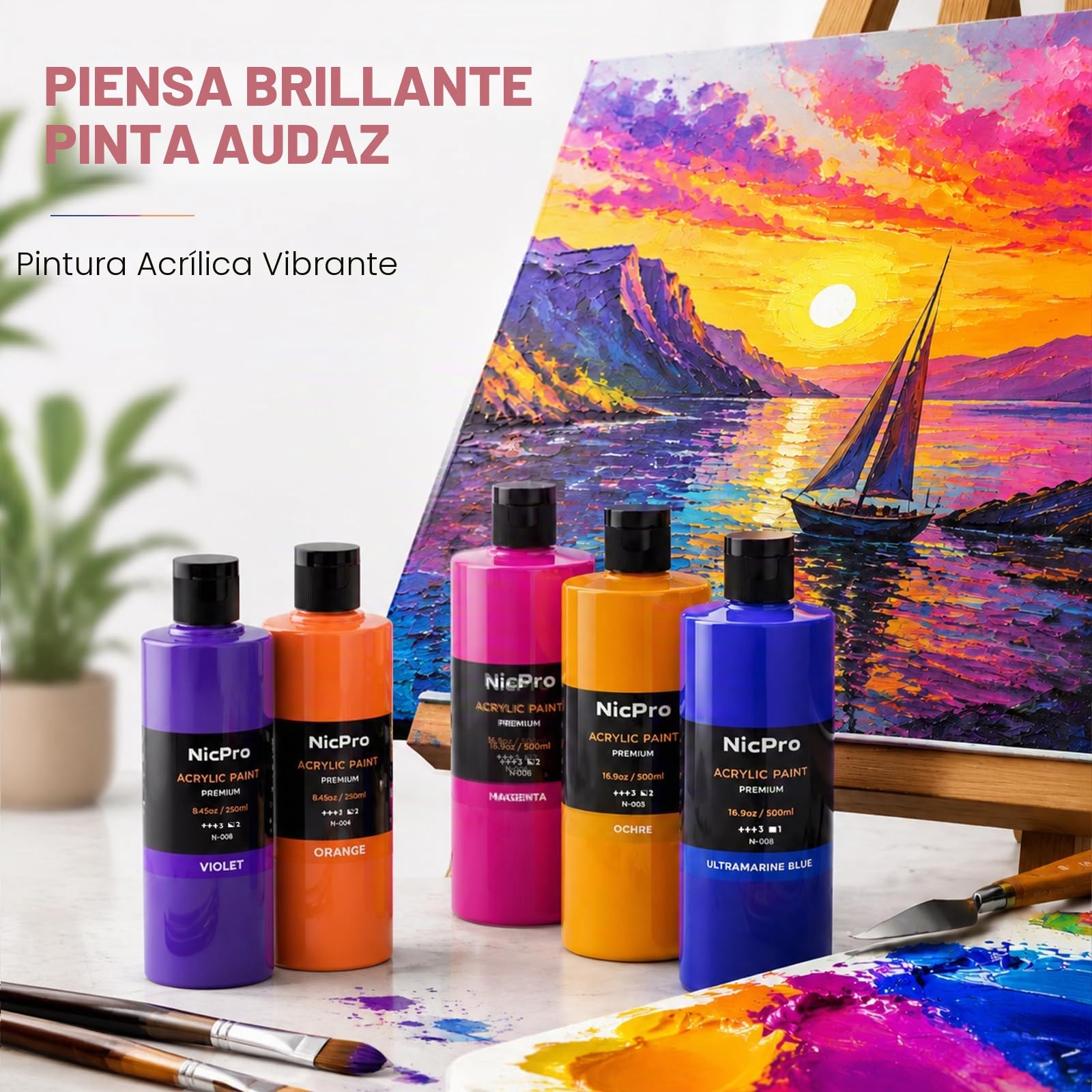 Nicpro set pintura acrilica 18 x 250 ml, frasco grande de pintura acrílica en 18 colores, no tóxica, pinturas de artista, pinturas acrilicas para varias superficies, lienzos, arcilla, manualidades