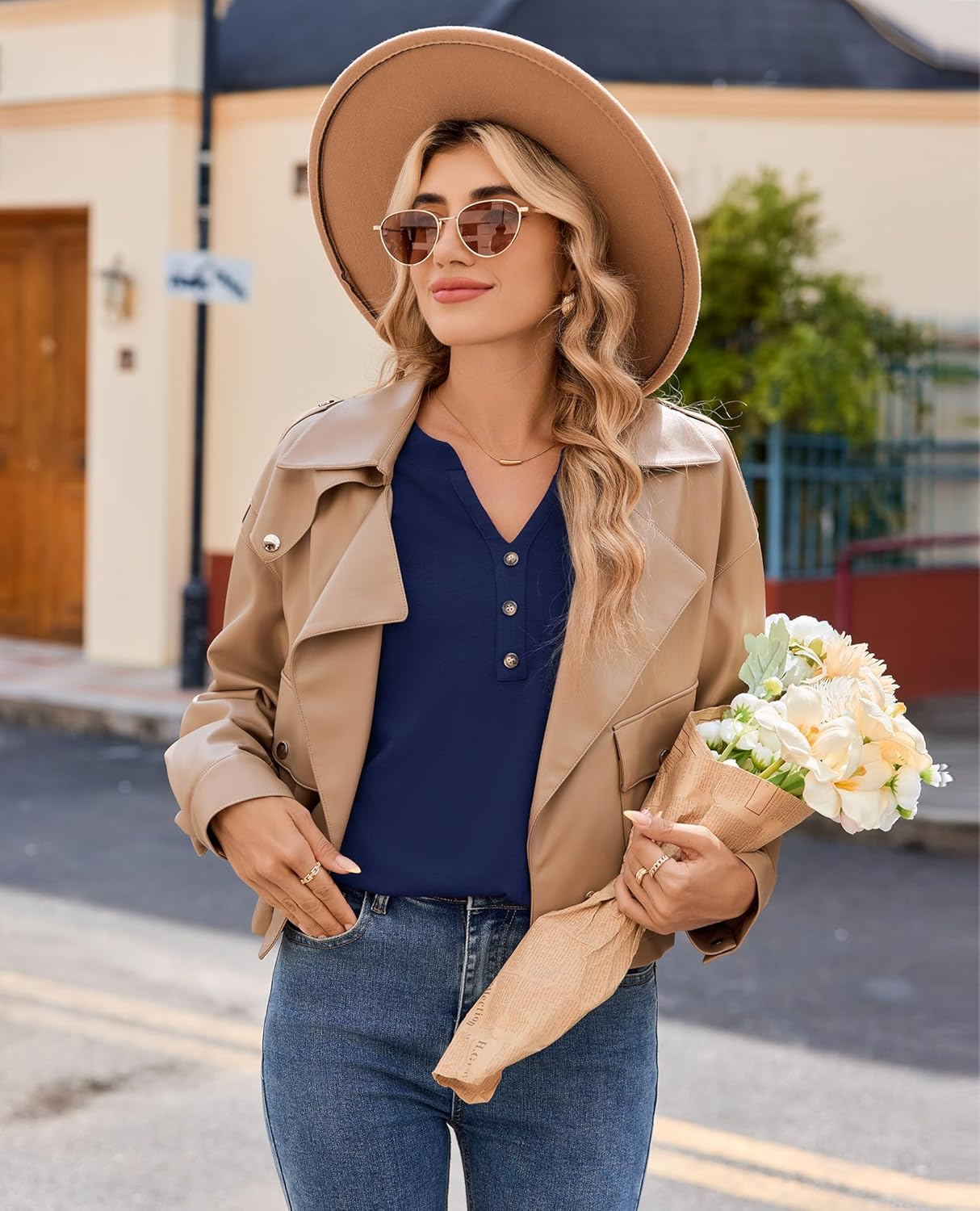 Womens Tunic Tops Dressy Casual Long Sleeve Henley V Neck Shirts for Women Button Up Blouse - Image 7