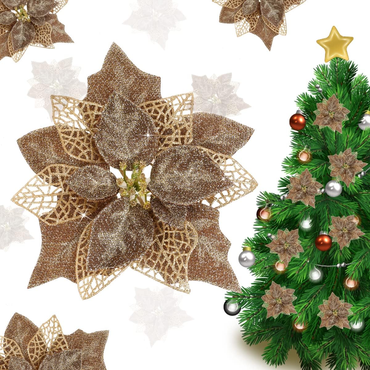 (Pack of 12) Glitter Poinsettia Christmas Tree Ornaments,Christmas Decorations Flower (Brown Gold)
