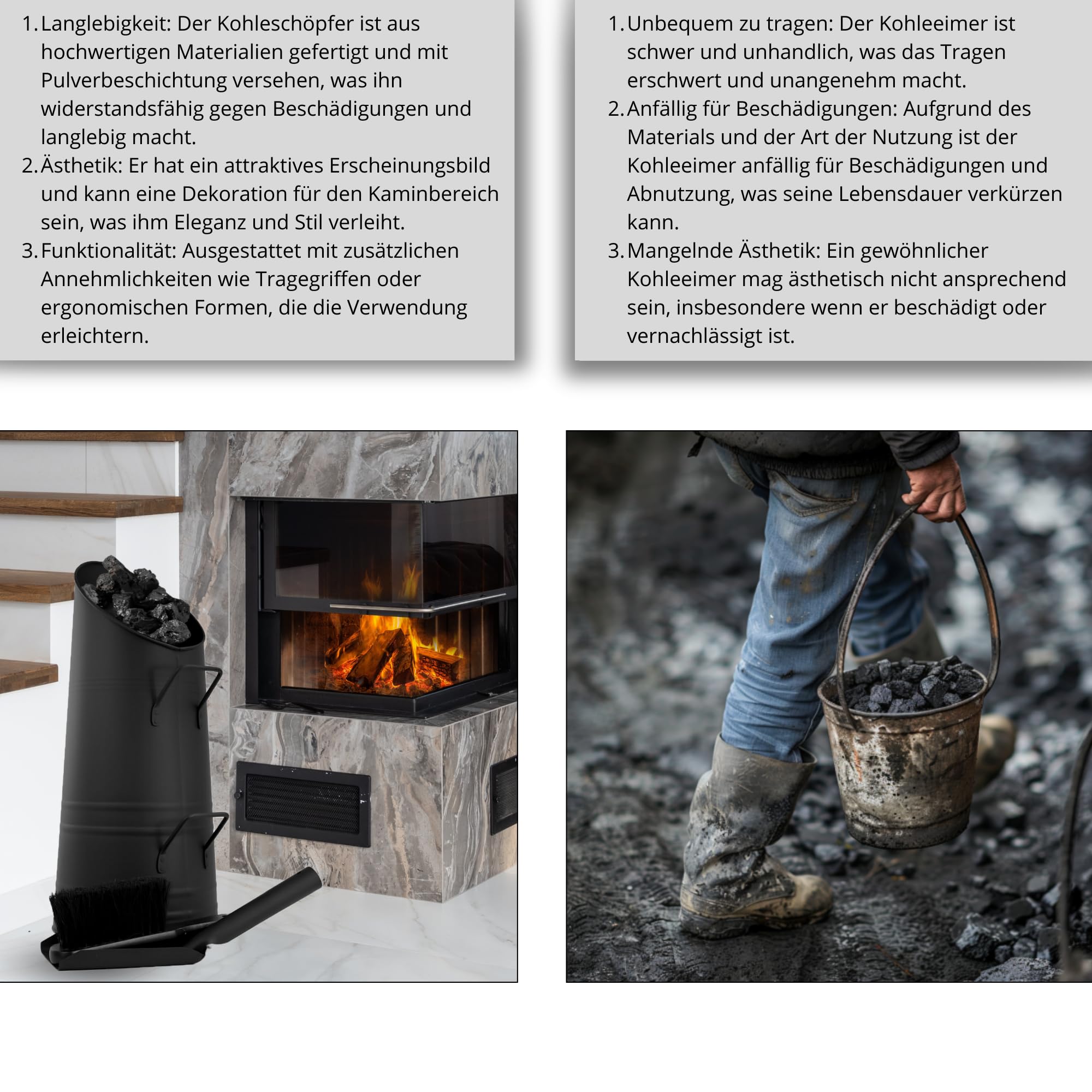 Kosz na popiół do pieca kominkowego z łopatą i miotłą ręczną – metalowe wiadro do pieca, akcesoria – pojemnik na popiół – pojemnik na pellet – odporny na wysokie temperatury – 50x23 x 23cm