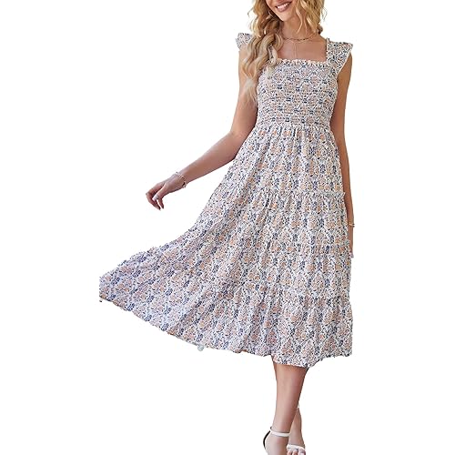BTFBM Womens Summer Boho Smocked Beach Dresses Sleeveless Shoulder Strap Floral Flowy Tiered Party Midi Casual Sundress