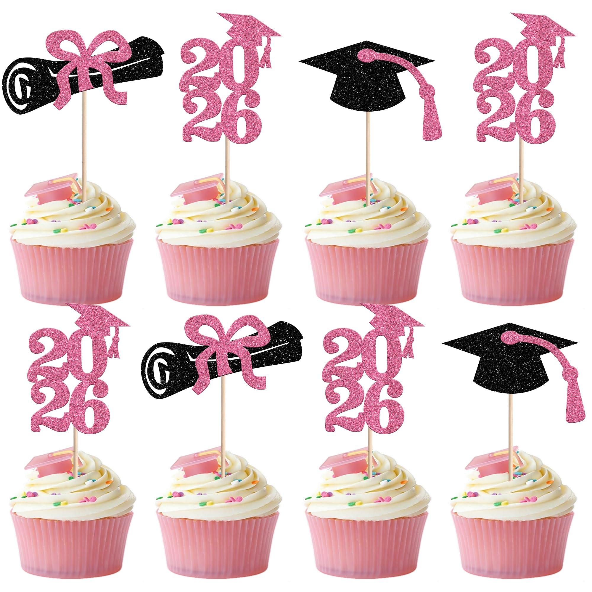 Xsstarmi 36 Pack 2026 Graduation Cupcake Toppers Glitter Class of 2026 Cake Decorations Grad Cap Diploma Cupcake Picks for 2026 Graduation Theme Party Decorations Pink
