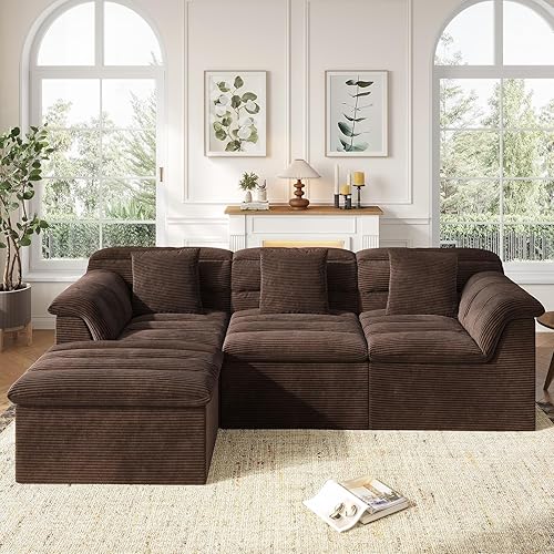 112" Modular Cloud Sectional Couch with Ottoman, Modern Upholstered Compressed Sofa with Deep Seat, Comfy L-Shape Corduroy Couches for Living Room, No Assembly Required, Coffee