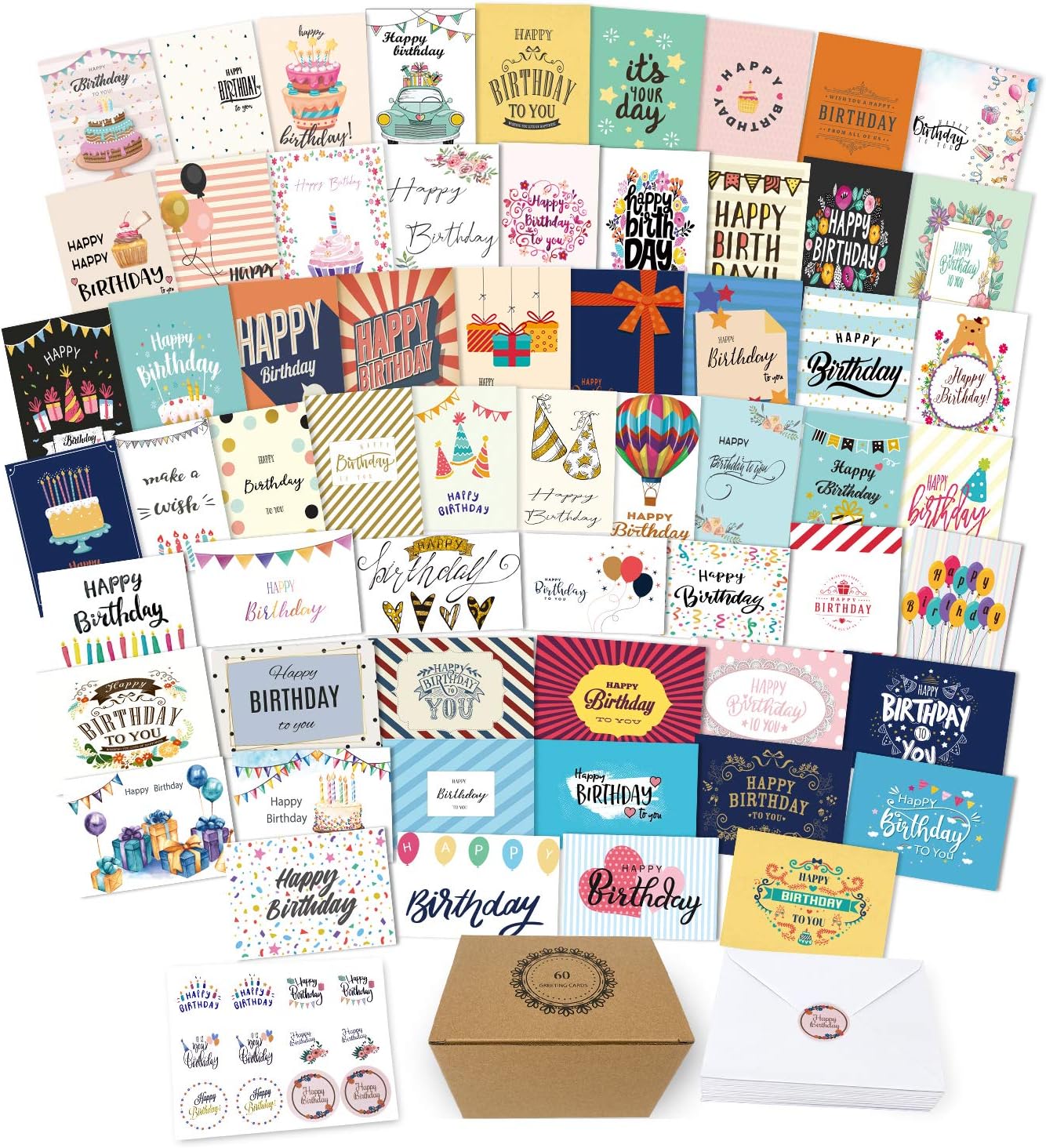 60 Unique Birthday Cards - Happy Birthday Cards With Envelopes ,Stickers and Greetings Inside,5x7 inch Quality Thick Birthday Cards Bulk in a Sturdy Box