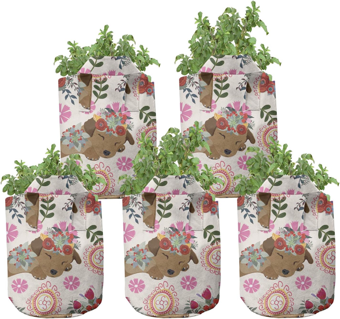 Lunarable Dog Lover Grow Bags 5-Pack, Sleeping Puppy Floral, Heavyduty Fabric Pots with Handles for Plants, 7 Gallon, Multicolor