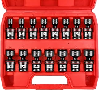 WETT 15-Piece 3/8" Drive Shallow Impact Universal Joint Socket Set, Metric Swivel Socket Set (8-22mm), Flexible Wobble Sockets, 6 Point, CR-MO Steel
