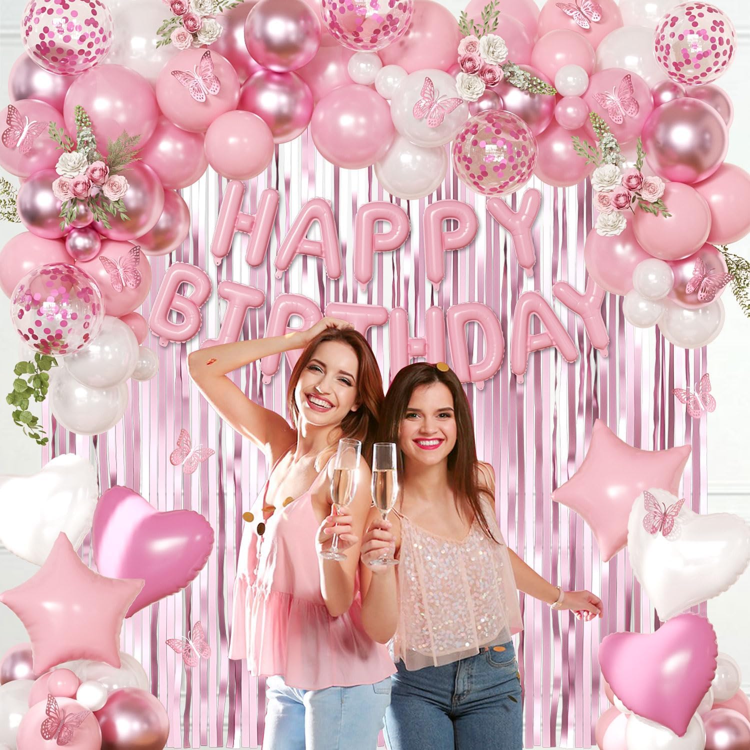 Pink Birthday Decorations for Women Girls, Metallic Pink Pearl White Confetti Foil Balloons Happy Birthday Banner Butterfly Fringe Curtains for birthday Party Supplies - Image 5