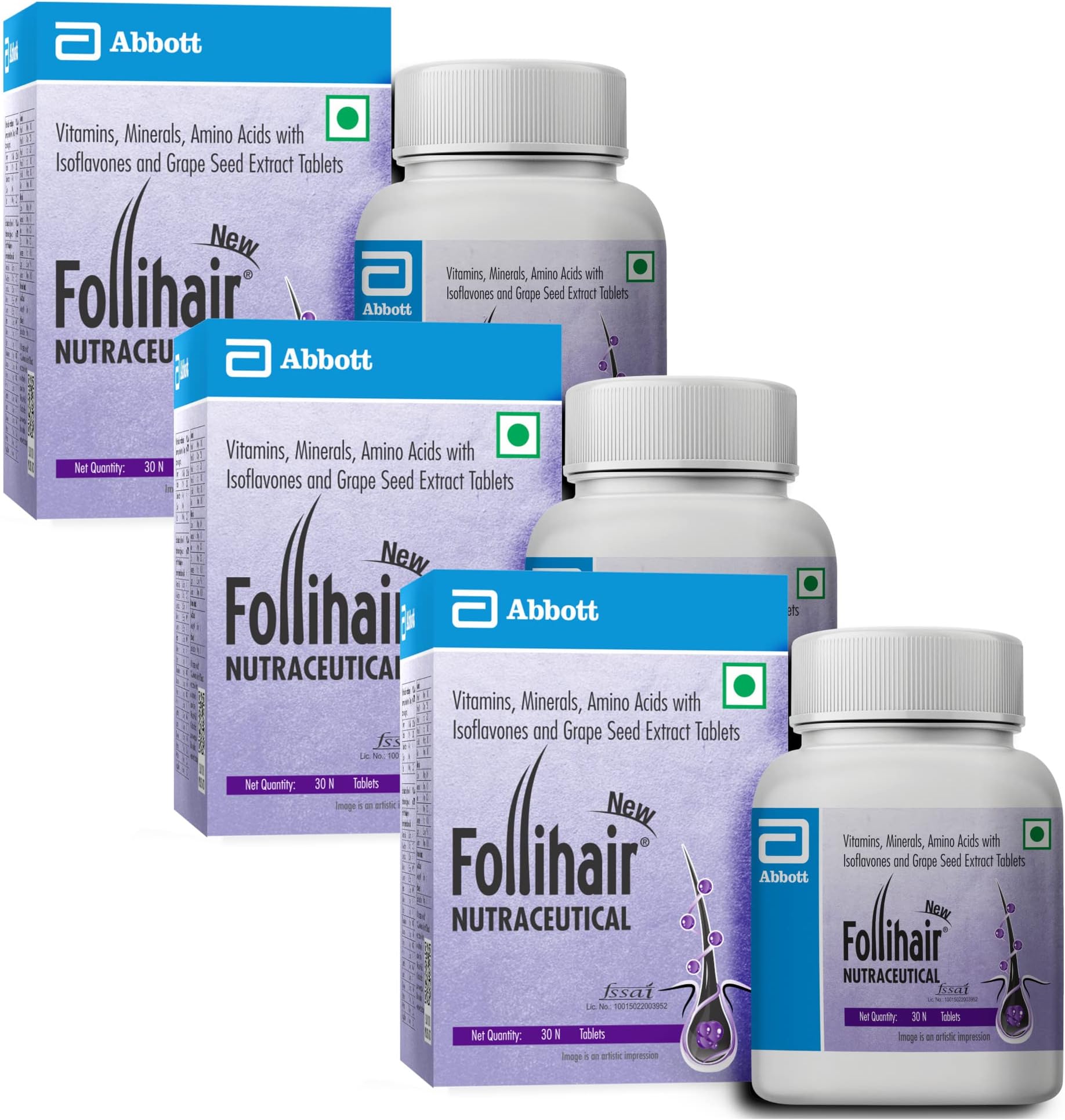Follihair New by Abbott | 30s Per Bottle (Pack of 3):: Total 90 Capsules :: 3 Months