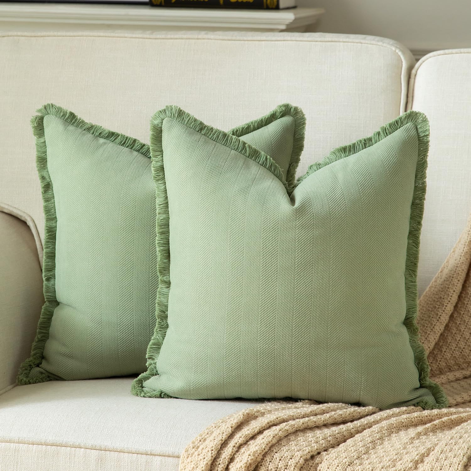 Set of 2 Decorative Fringe Throw Pillow Covers Chenille Pillow Covers Elegant Design Pillowcase Soft Tassels Cushion Cover for Couch Bed Home Decor,20×20 Inch,Sage Green