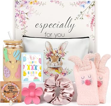 Easter Gifts for Teens Girls Women Adults,7 PCS Bunny Gifts Set with Iced Coffee Cup,Bracelet,Socks,Bag,Hair Clip & Scrunchy,Perfect Easter Basket Stuffers for Teens Girls Adults