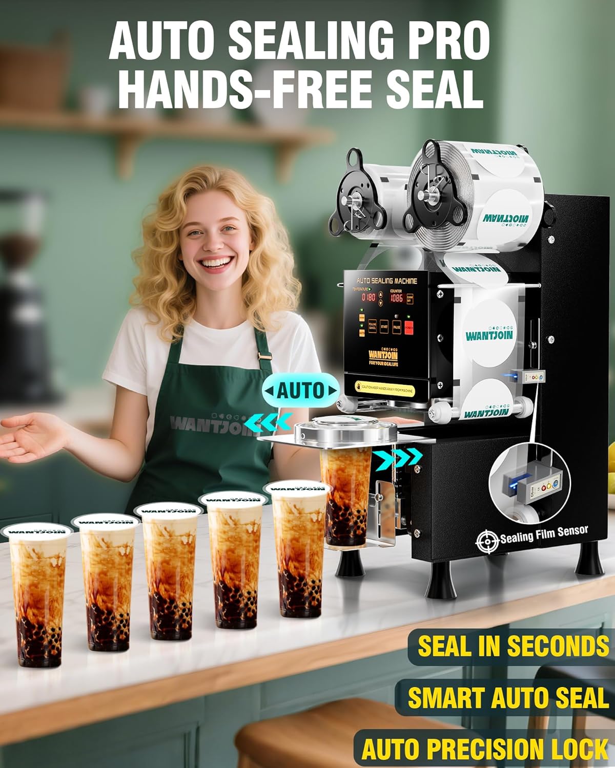 WantJoin Full Automatic Cup Sealing Machine - Electric Cup Sealer Machine 90/95mm, 500-600 Cups/H Digital Control LCD Panel Cup Sealer for Bubble Milk Tea Coffee Black, L15.3"*W9.9"*H20"