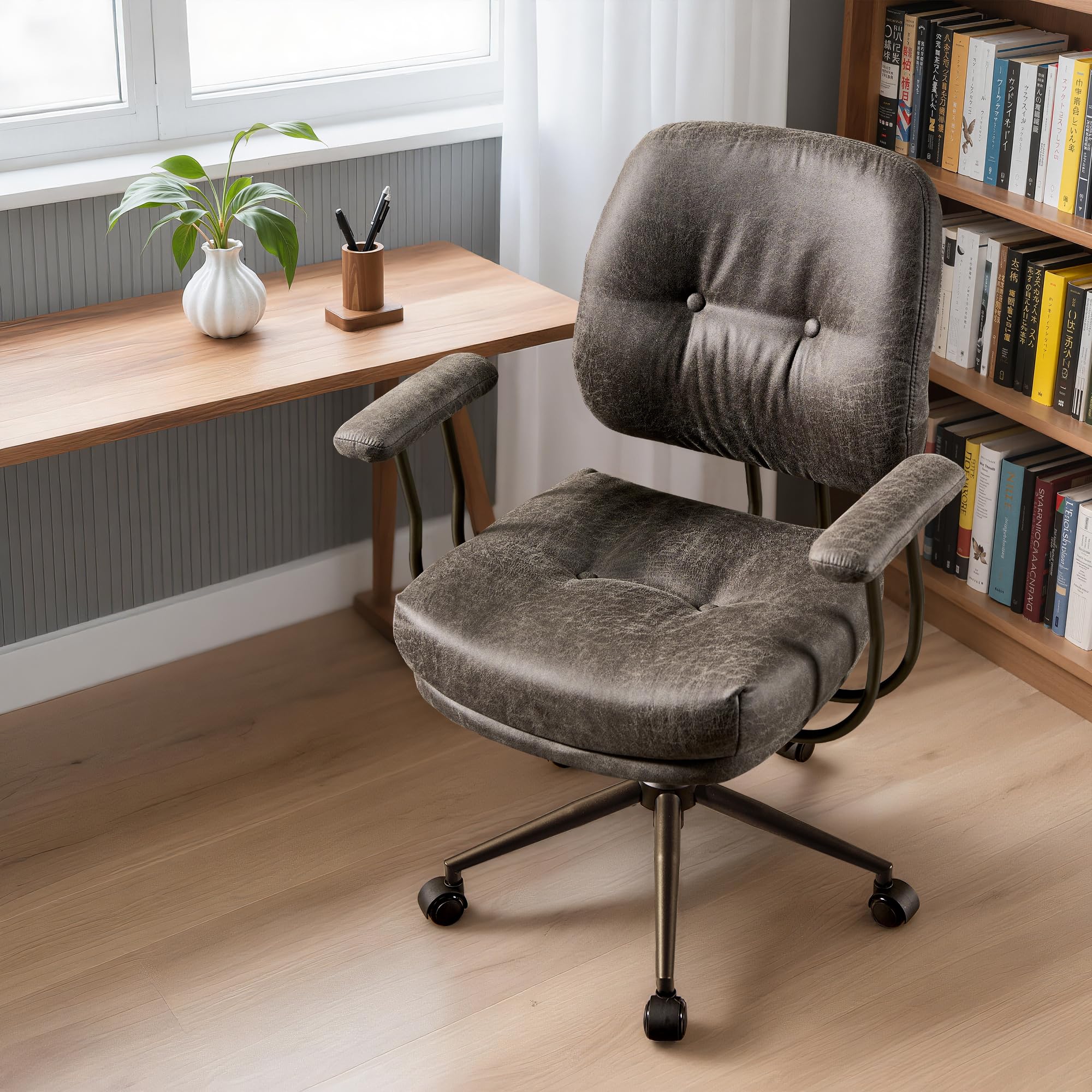 Mid Century Modern Office Chair,Mid Back Ergonomic Faux Leather Desk Chair with Lumbar Support,Rolling Swivel Task Computer Chairs with Armrests Height Adjustable,Suede Fabric,Grey