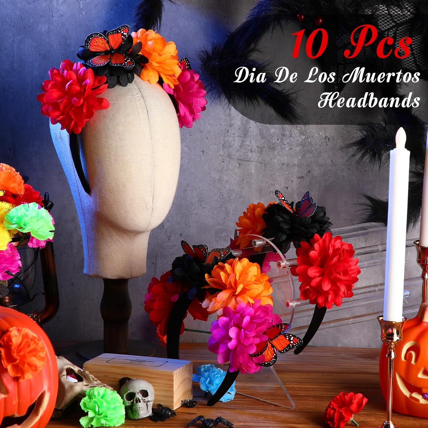 Hotop 10 Pcs Mexican Headbands Hair Flower Crown Accessories with Monarch Butterfly for Fiesta Party Supplies Day of The Dead Decor