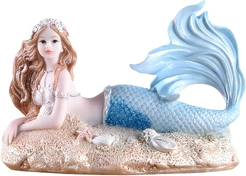 Rayberro 4.33" Mermaid Figurines Resin Blue Mermaid Sculpture Mediterranean Princess Statue Ornaments Home Office Desktop Bookshelf Decor Mermaid Collectible Crafts Fish Tank Aquarium Decoration Gift