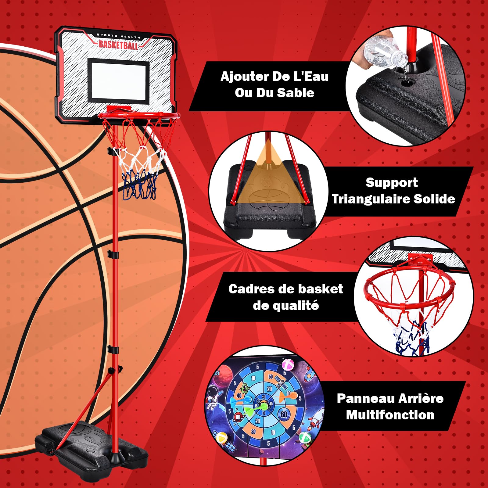 Herenear Panier de Basket pour Enfants, Hauteur Réglable 107-193 cm, 2 en 1 Basket et Fléchettes, Intérieur et Extérieur, Portable avec Base de Lestage, pour Enfants de 3 à 8 Ans (Orange)