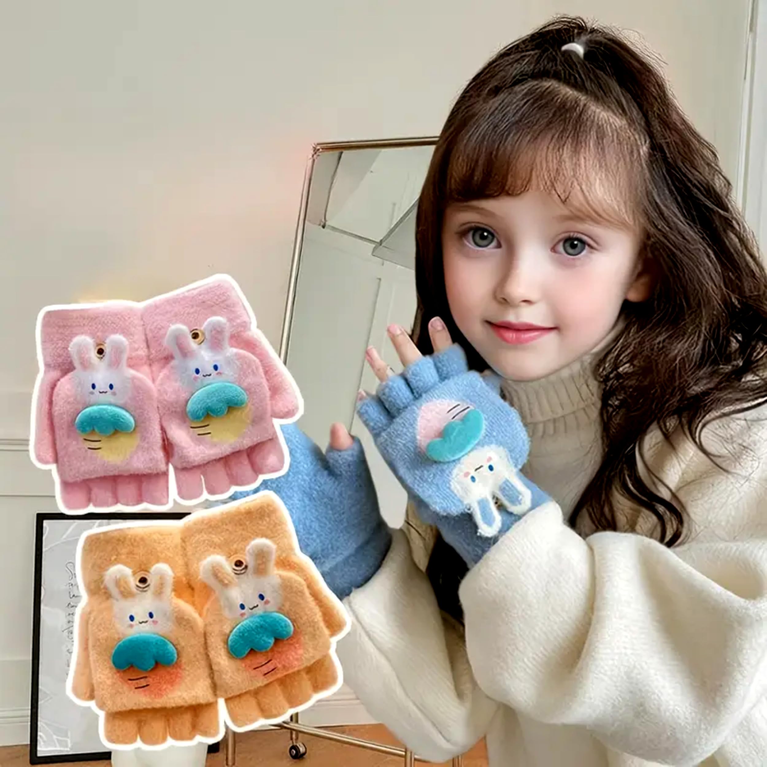 Khwaish Store Girl's Winter Soft Plush Cute Bunny Design Carrot Half Finger Gloves Mittens Soft Warm Over Flip Five-Finger for Toddlers Kids (2, Multicolor, 3-4 Years) - Image 8 thumbnail