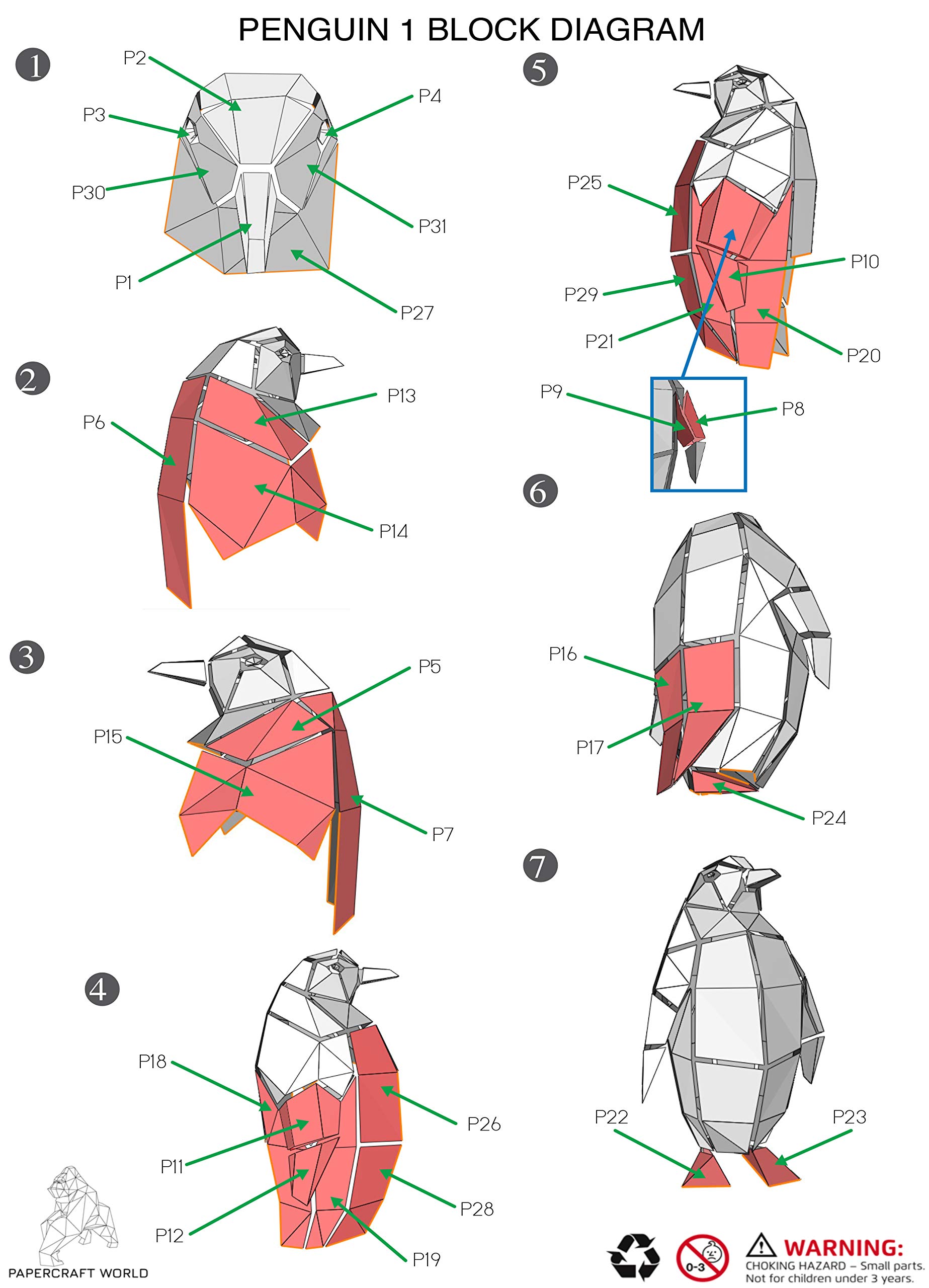 Papercraft World 3D PAPERCRAFT Model Penguins Pingouins en Papier, Taille unique