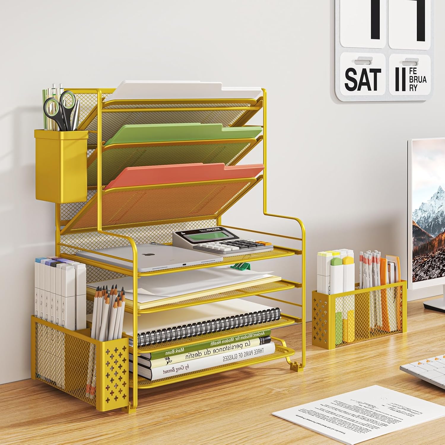 Simple Trending 7 Tier Desk File Organizer, Letter Tray Paper Organizer with Pen Holder and Metal Hanging Basket, Gold