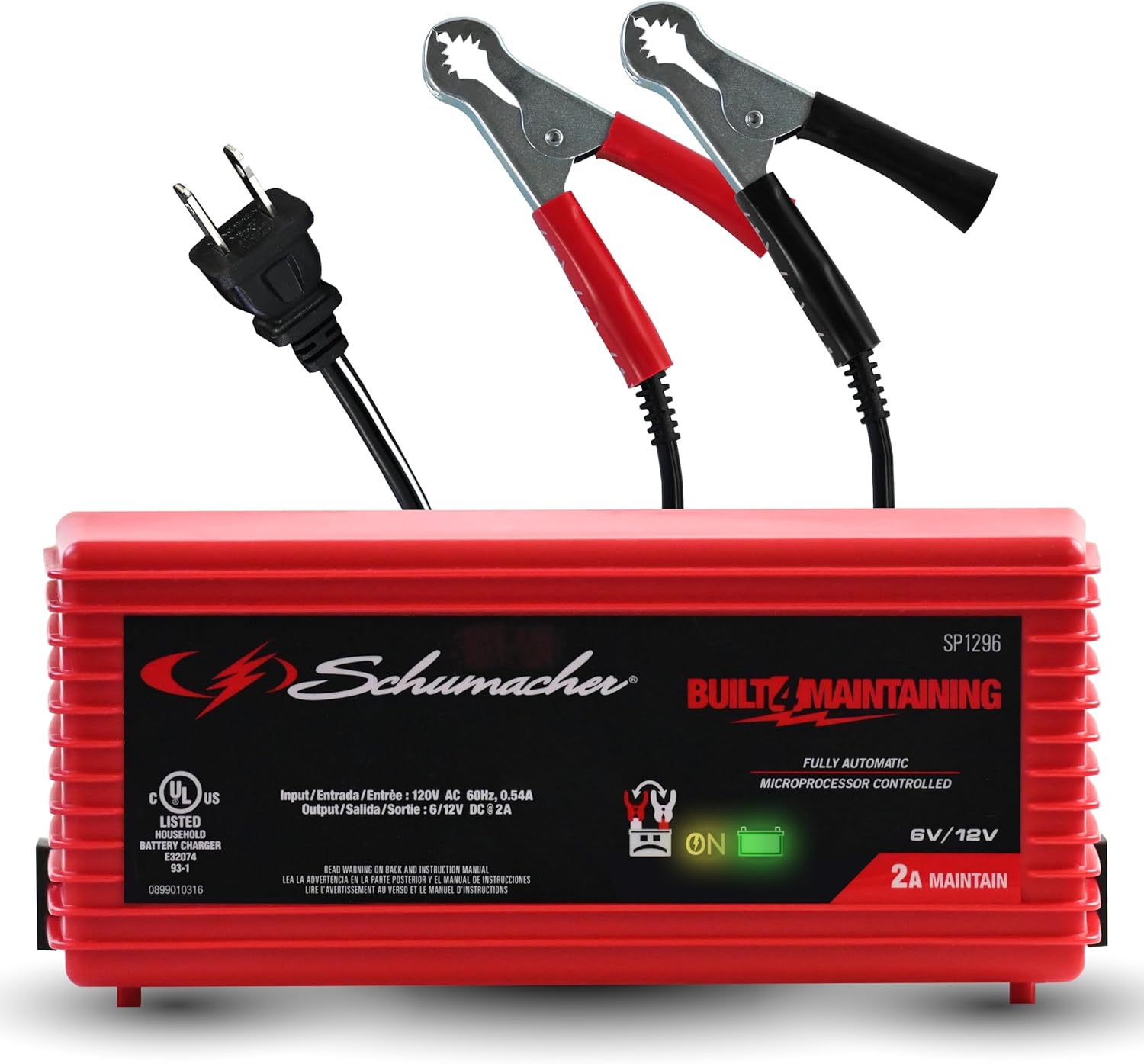 Schumacher SP1296 2A 6V/12V Battery Charger Maintainer Desulfator - 3-in-1 for Cars, Motorcycles, ATVs, Boats