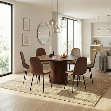 Round Dining Table Set for 6, Extendable 47-59 Inch with 6 Chairs | Walnut Kitchen Table Set with Storage Base and 6 Brown Upholstered Chairs for Dining Rooms, Apartments, and Family Meals