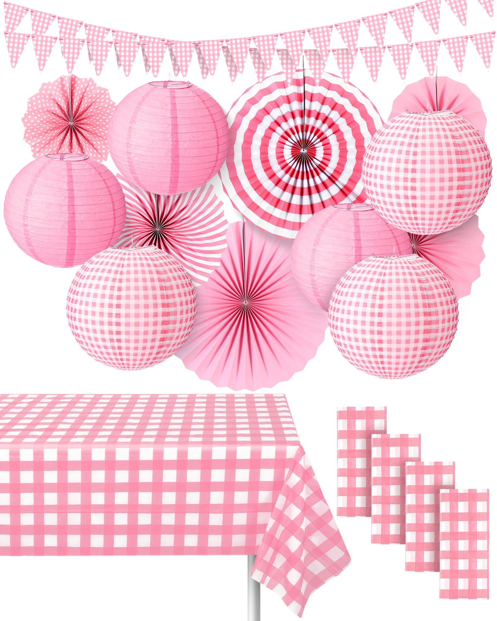 Hortsun 18 Pcs Pink Gingham Party Supplies Include Checkered Paper Lanterns Plastic Tablecloth Pennant Banner Hanging Paper Fans for Picnic BBQ Baby Shower Birthday Wedding Family Dinner