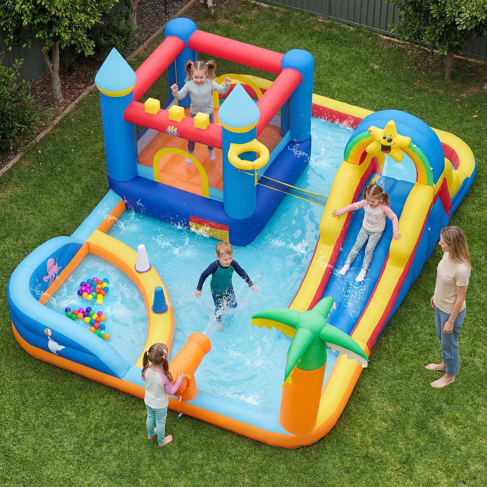 COSTWAY Castillo Hinchable, Parque Infantil con Temática de Playa con Muro de Escalar, Cañón de Agua, Pelotas Oceánicas, Fútbol, Baloncesto, Voleibol, Castillo Inflable al Aire Libre (sin soplador)