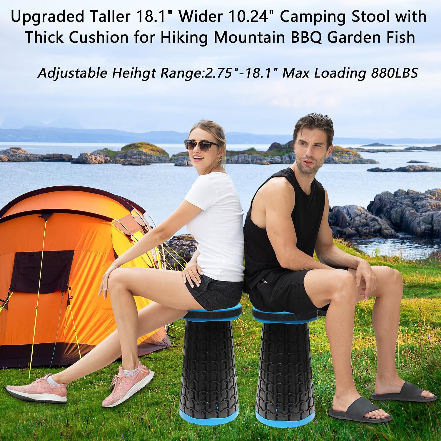 ALEVMOOM XXL 18.1" Telescoping Stool with Thick Cushion, Portable Telescoping More Sturdy Capacity 880Lbs,Collapsible Retractable Adjustable Folding Stool for Garden Hiking Fishing BBQ(Blue)