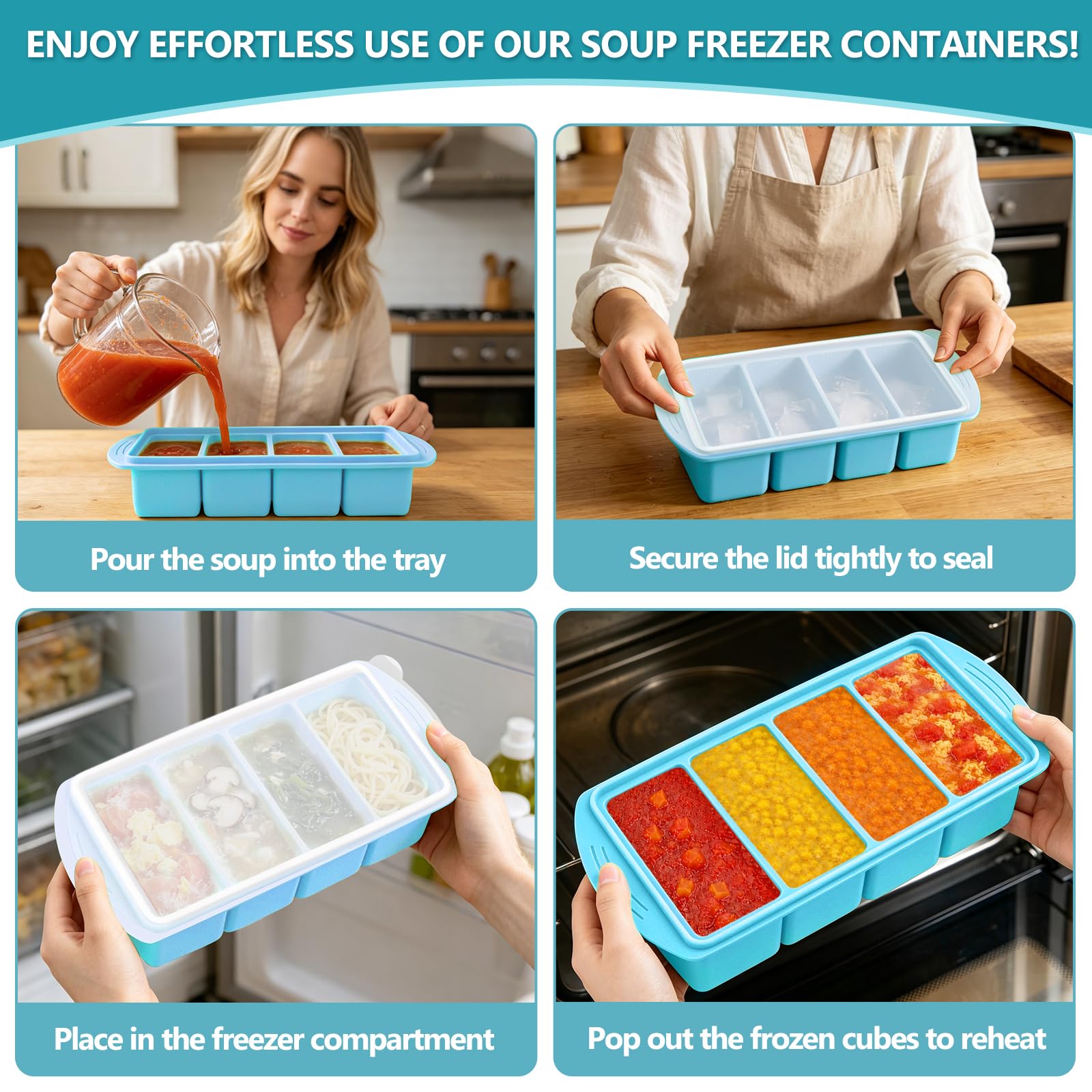 Paquete de 2 bandejas de silicona azul para congelador con tapa, cubos grandes para congelador, 4 compartimentos profundos, 125 ml, 250 ml, recipientes apilables para almacenamiento de alimentos