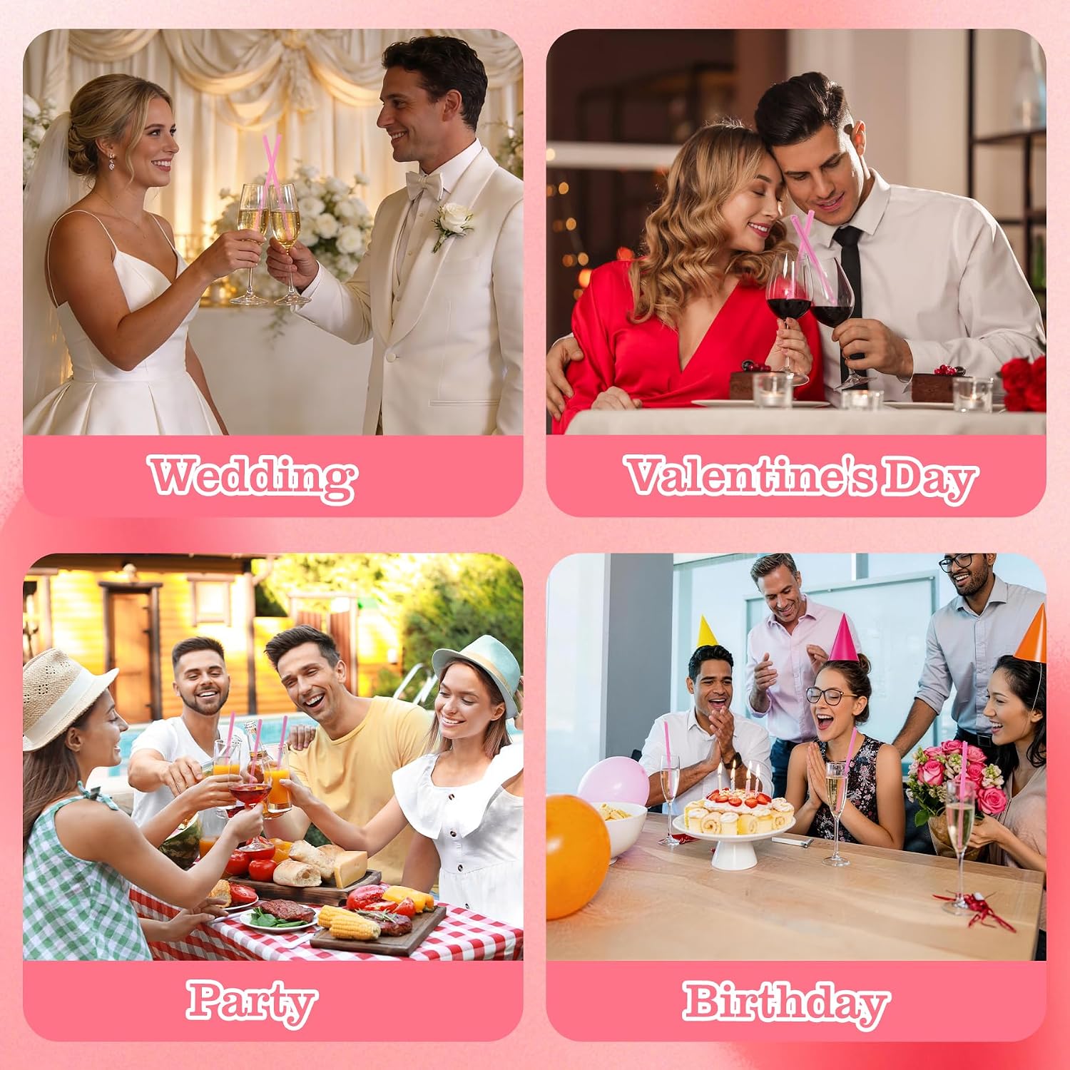100Pcs Pink Heart Shaped Plastic Drinking Straws 8.66" Long, Disposable Drinking Straws for Cocktail, Coffee, Bar, Celebrations, Drinks, Gatherings, Wedding, Valentines