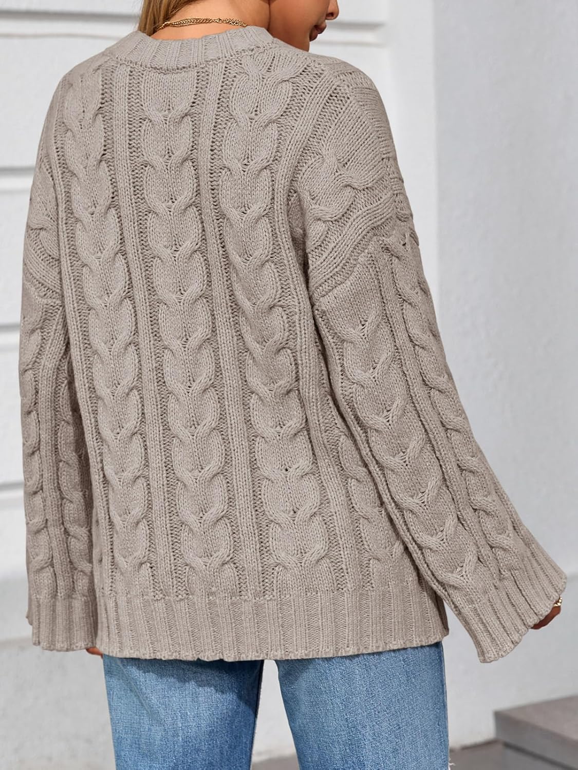 Saodimallsu Womens Oversized Sweaters Cable Knit Bell Batwing Sleeve Crew Neck Fall Winter Chunky Pullover Tops - Image 3