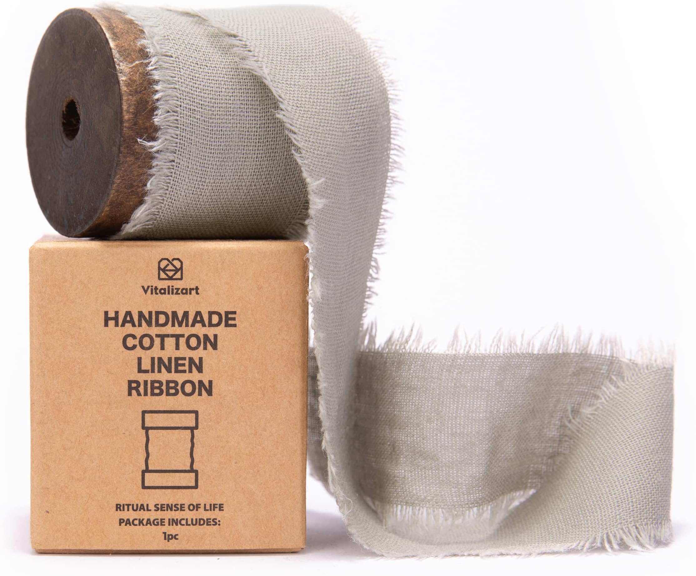 Vitalizart Beige Gray Cotton Linen Ribbon with Spool 1.5" x 5Yd Handmade Fringe Frayed Fabric Cloth for Wedding Invitations, Bridal Bouquets, Gift Wrapping