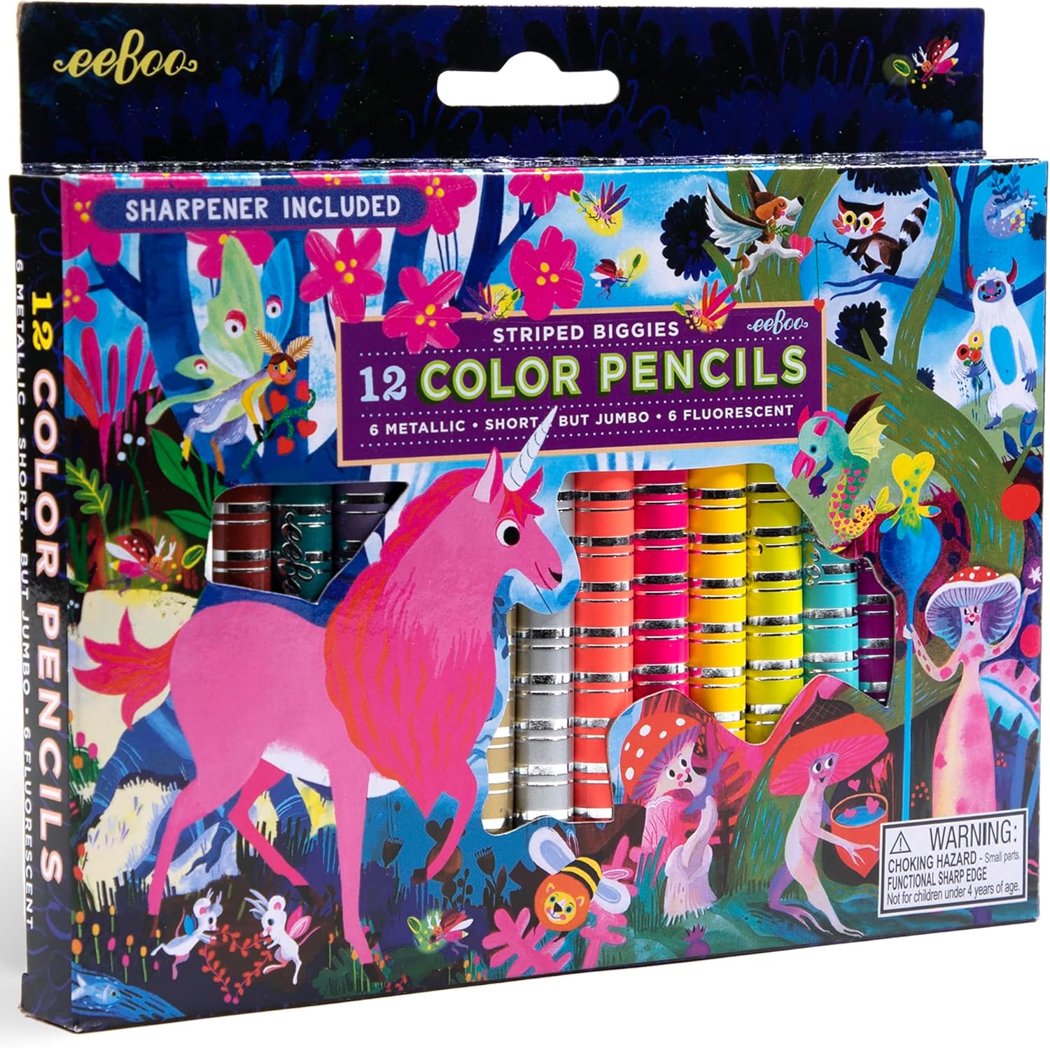 eeBoo: Striped Biggies 12 Color Pencils: Magical Creatures - 12pc Set w/ 6 Fluorescent & 6 Metallic Colors, Includes Sharpener, Art Supplies, Kids Ages 4+
