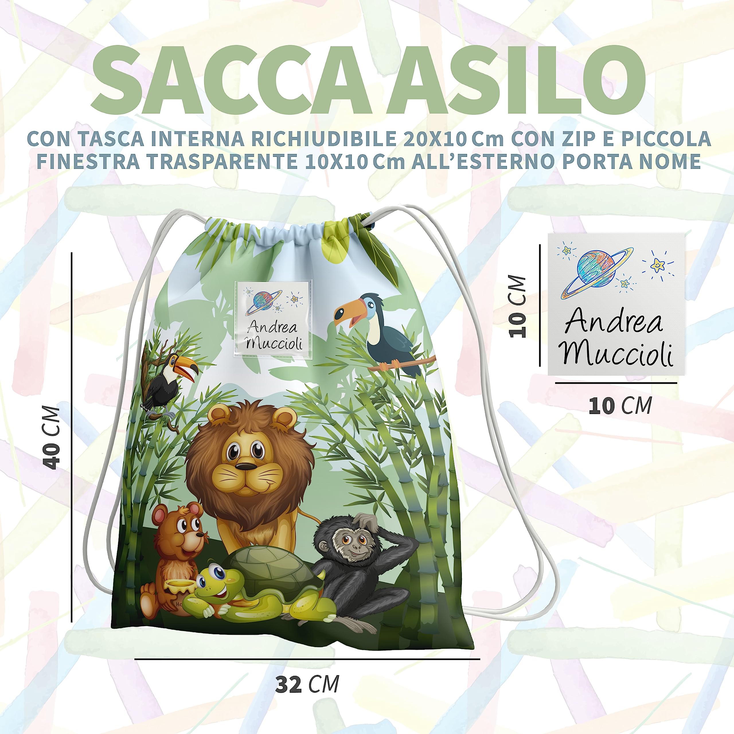 KAÏDENSÏ Sacca Asilo con Nome Personalizzata Giungla - Zainetto Asilo Nido 32x40 cm con Tasca Interna 20x10 cm - Zaino Asilo Bambino Originale per Bambini Piccoli