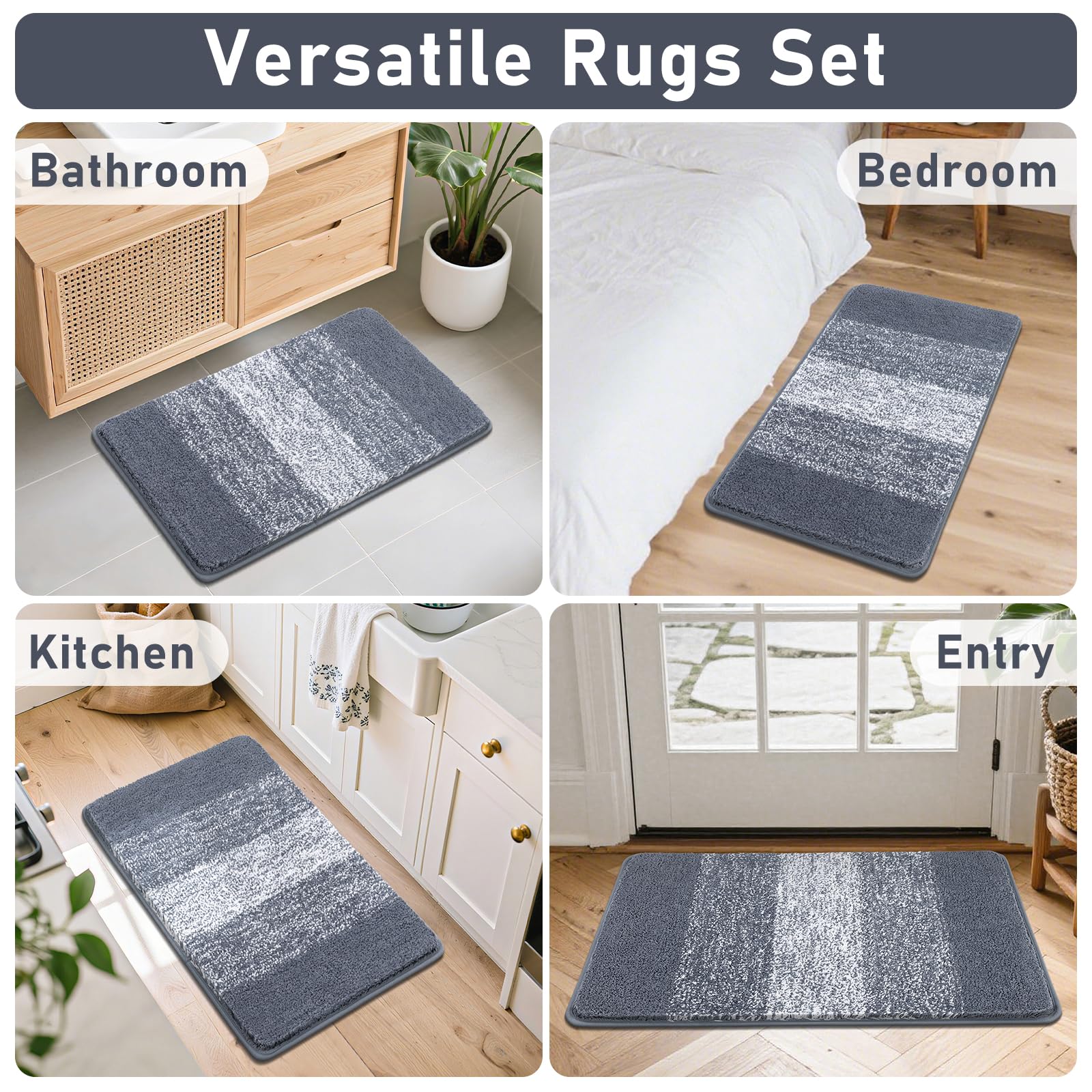 Bsmathom Juego de 4 tapetes con cubierta de inodoro, de microfibra lanuda de felpa, antideslizante, lavable a máquina, tapete de baño con contorno en forma de U para bañera y ducha, color gris oscuro