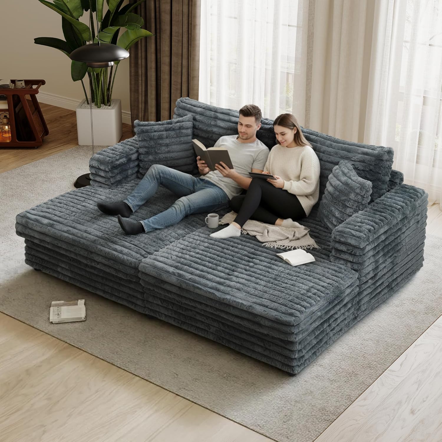 86" Oversized Chaise Lounge Chair Indoor with 2 Pillows,Sofa Bed Upholstered Recliner Chair,Comfy Corduroy Reading Chairs,Oversized Sleeper Couch for Living Room, Movie Room and Bedroom, Gray