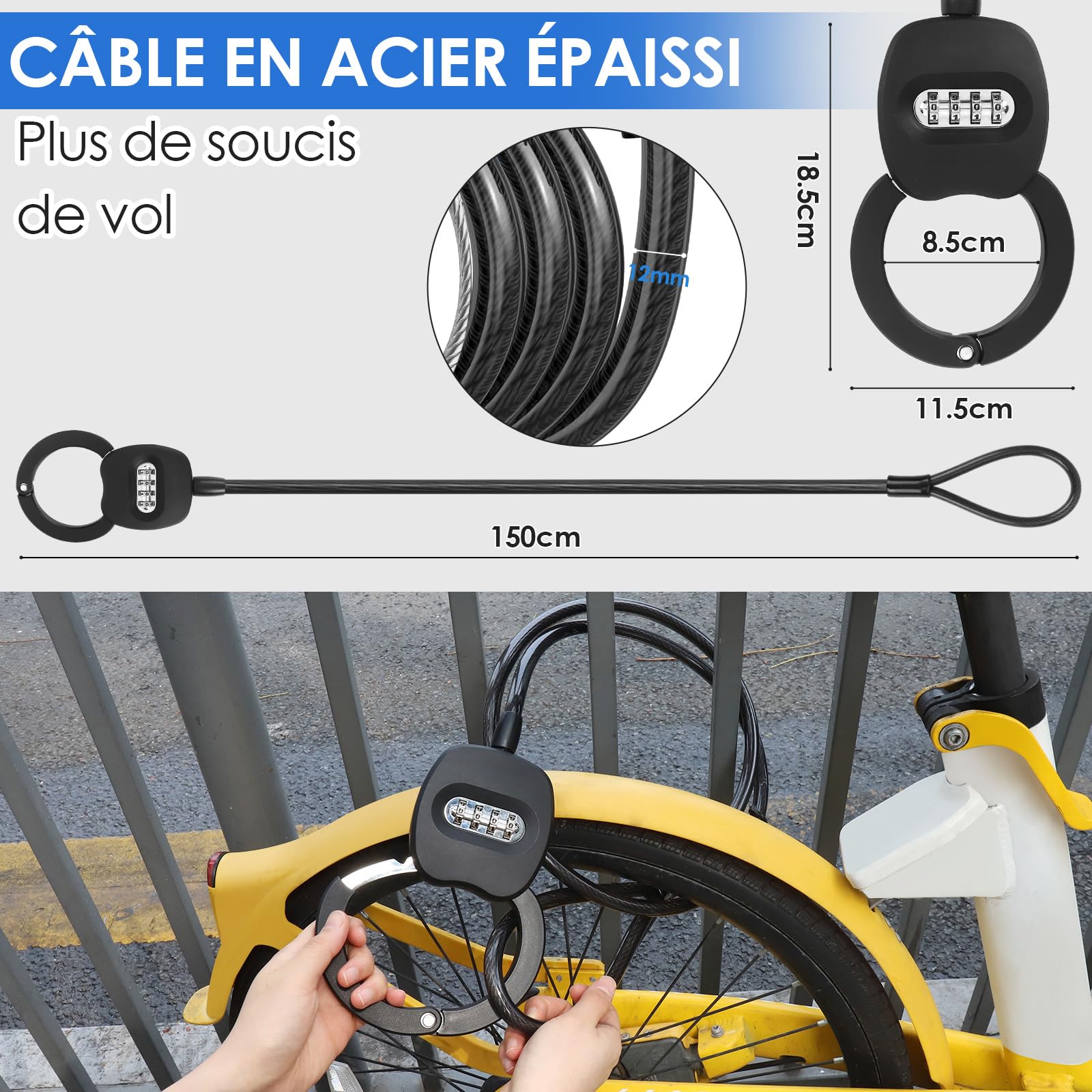 Antivol Trotinette Electrique avec Serrure à Code à 4 Chiffres, 150cm Cadenas Trotinette Electrique avec Sac de 4L, 12mm Antivol Velo, Chaine Antivol pour Trottinettes, Vélos, Poussettes