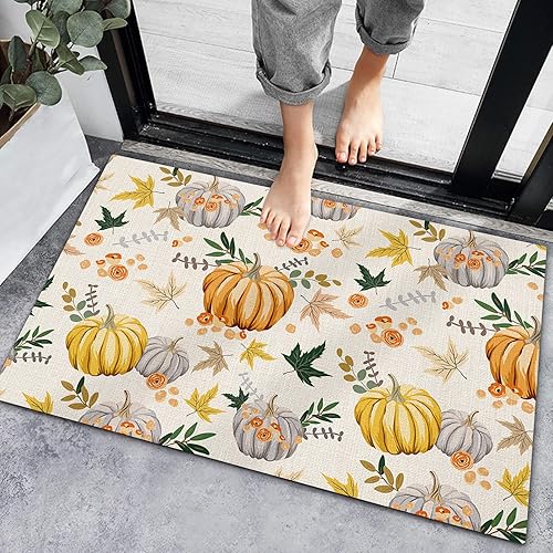 Bath Rugs Entrance Non Slip Front Door Mat Thanksgiving Pumpkin Maple Leaves on Vintage Kitchen Carpets Fall Plant Seamless Floor Mats for Bathroom