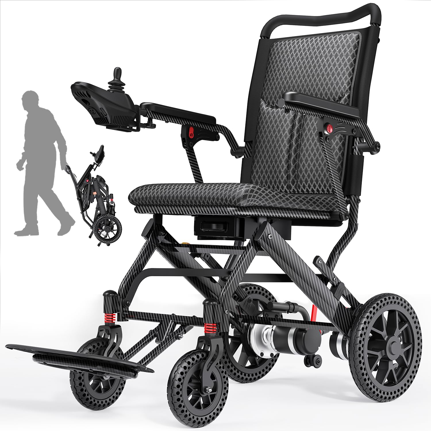 E10 Silla de Ruedas Eléctrica Ligera de 19 kg para Adultos, Portátil y Plegable, con Autonomía de 25/50 km, Motor 500W y Batería de Litio 12Ah, Todoterreno, Capacidad de Carga 150 kg