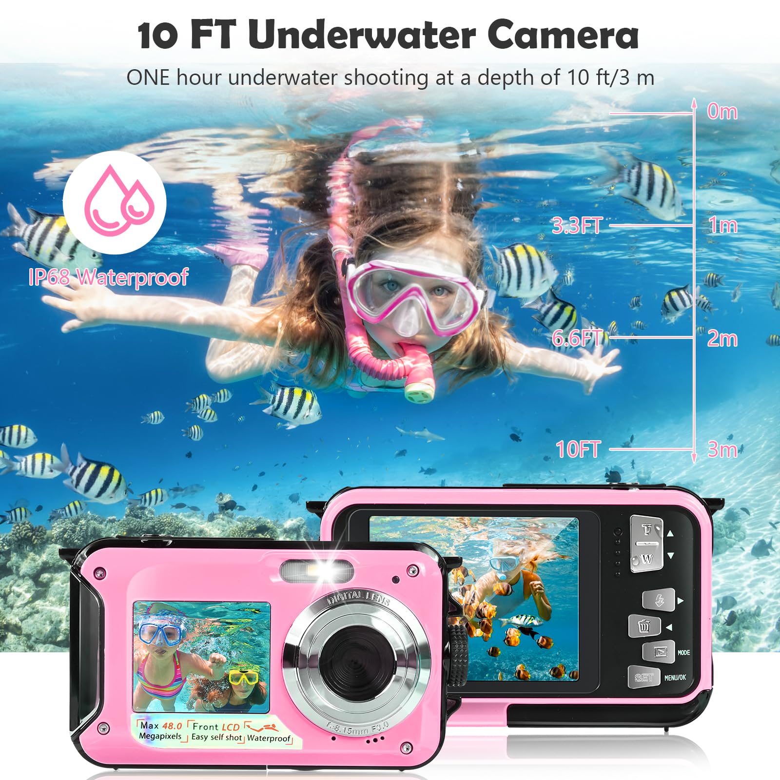 Macchina Fotografica Subcquea, Comius Sharp Fotocamera Subacquea Digitale 10FT FHD Video 30MP Photo 16X Digital Zoom con Scheda di Memoria da 32G per Selfie Subacquei, Nuoto, Immersione