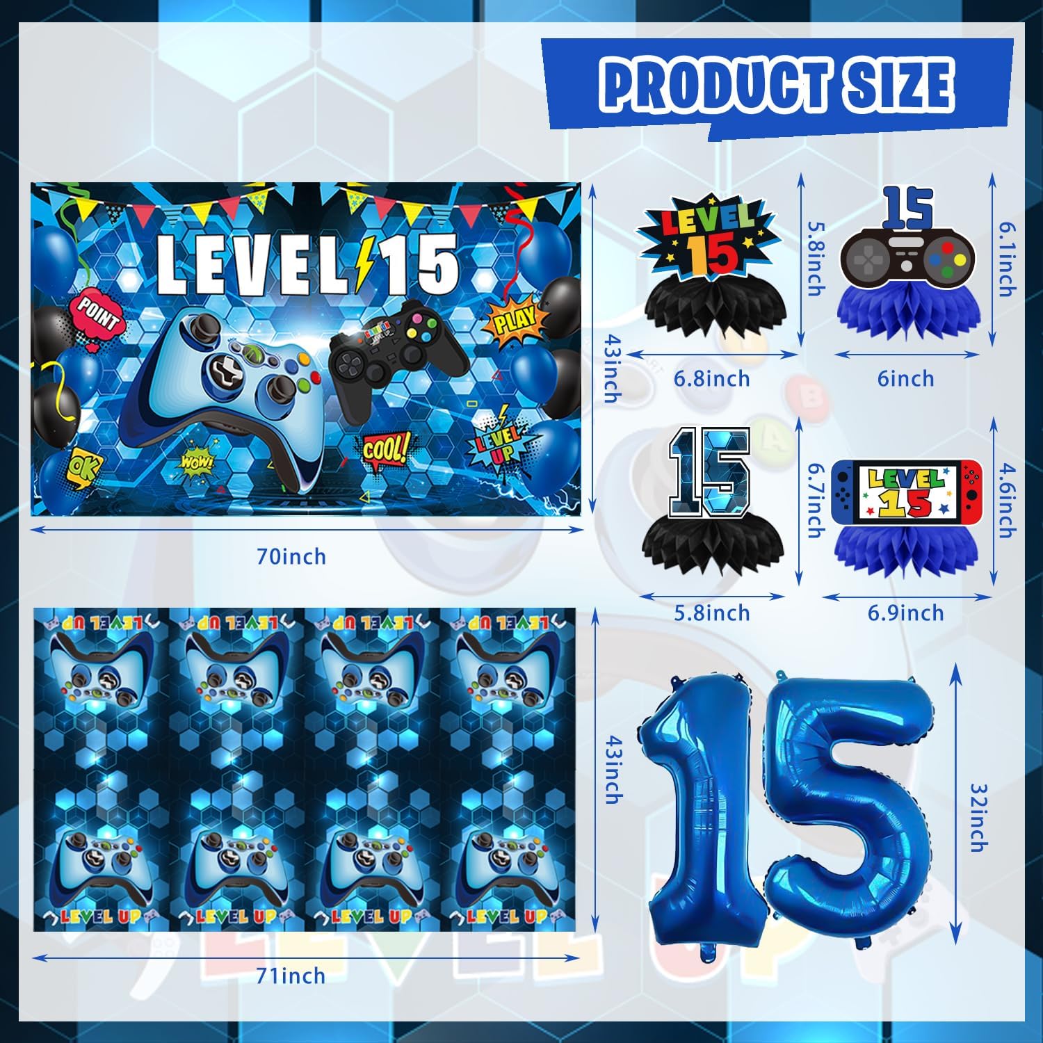 KOTLMIGHT 15th Birthday Decorations for Boys, 150Pcs Blue Video Game level 15 Party Supplies for Boy 15th Birthday - Backdrop, Banner, Balloons, Tablecloth, Centerpieces, Hanging Swirls, Wall Signs