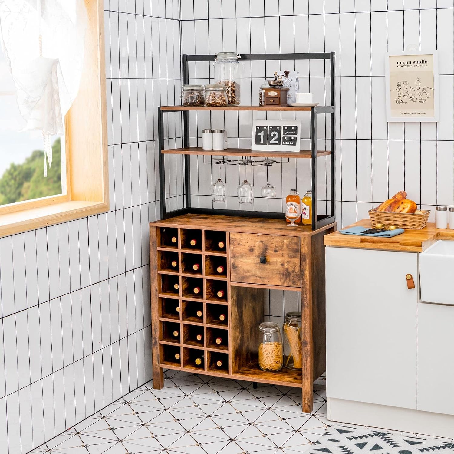 Giantex Wine Cabinet 18 Bottles, Buffet Hutch with Storage Drawer, Wooden Sideboard Wine Rack, Metal Spice Bakers Rack with Glass Holder, Kitchen Microwave Stand Living Room (Rustic Brown)