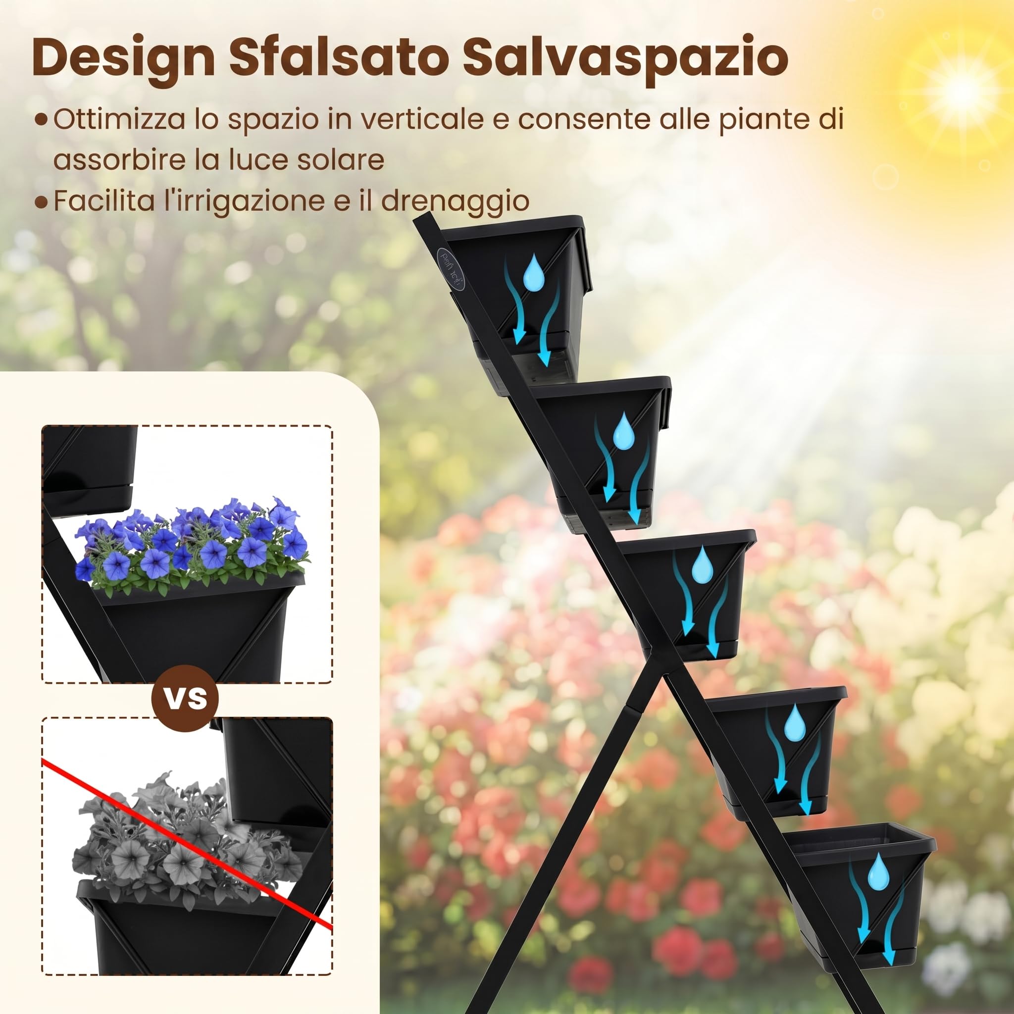 COSTWAY Fioriera Verticale a 5 Livelli, Orto Rialzato da Interno ed Esterno con Ruote Bloccabili, Vassoio e Foro di Drenaggio, Scaffale a Scaletta in Metallo Verniciato per Piante, Fiori e Verdure